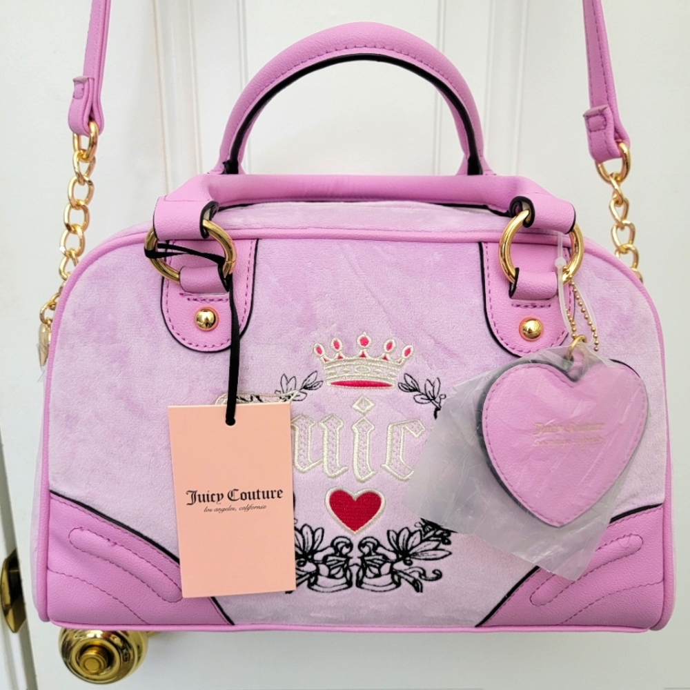 NWT Juicy Couture Fondant Pink Heritage Bowlers Crossbody Heart Charm Bag